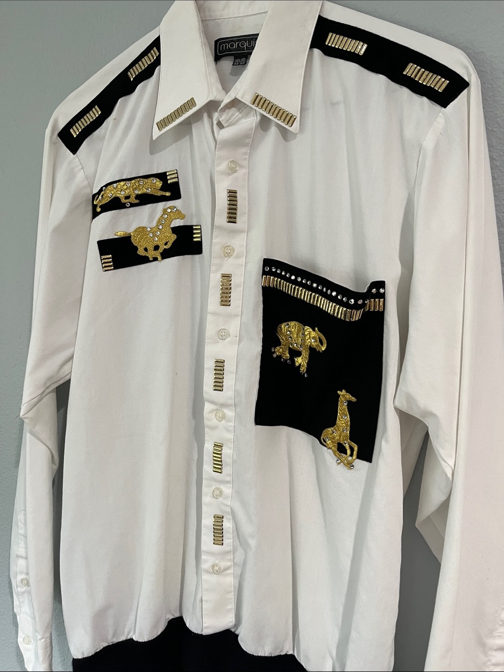 Marquis White Button-Down Shirt with Black Panels & Gold Animal Embellishments